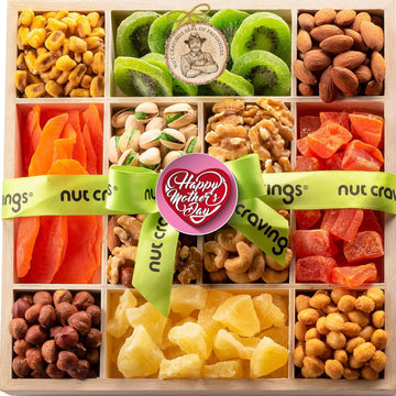 Nut Cravings Gourmet Collection - Mothers Day Dried Fruit & Mixed Nuts Gift Basket in Reusable Wooden Tray + Ribbon (12 Assortments) Arrangement Platter, Healthy Kosher USA Made