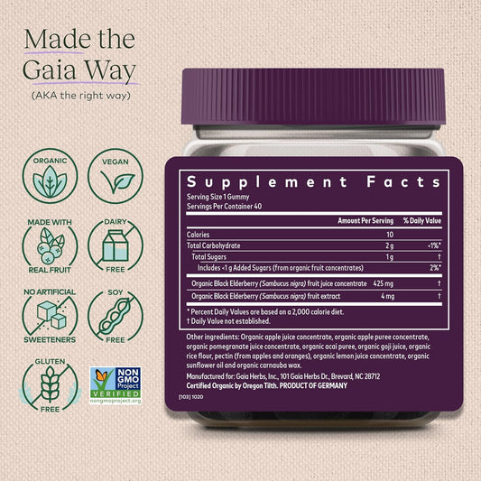 Gaia Herbs Gaiakids Black Elderberry Daily Gummies For Kids - Delicious Immune Support Supplement - Certified Organic Black Elderberries For Immune System Support - 40 Gummies (40-Day Supply)