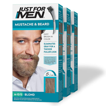 Just For Men Mustache & Beard, Beard Dye for Men with Brush Included for Easy Application, With Biotin Aloe and Coconut Oil for Healthy Facial Hair - Blond, M-10/15, Pack of 3