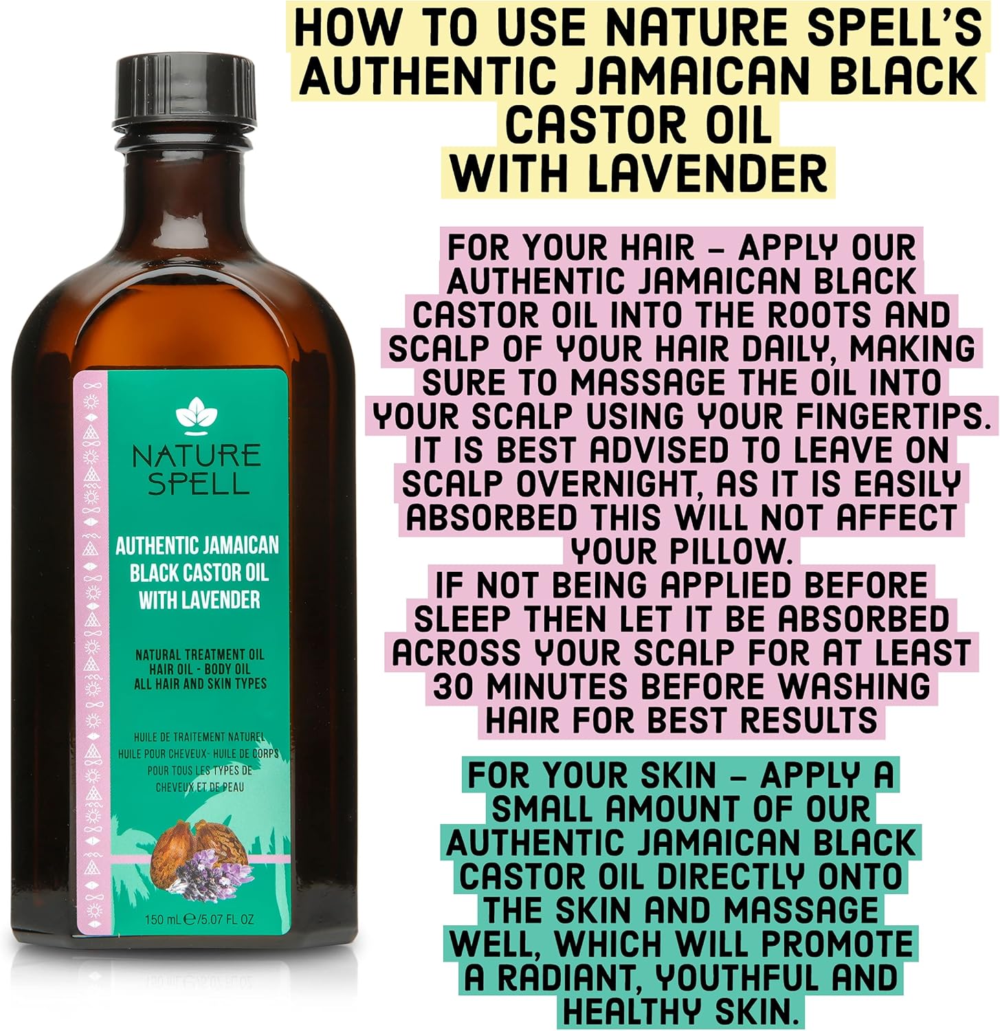 Nature Spell Authentic Jamaican Black Castor Oil With Lavender For Hair & Body 150 Ml - Strengthen Hair Roots - Treat Dry And Damaged Hair