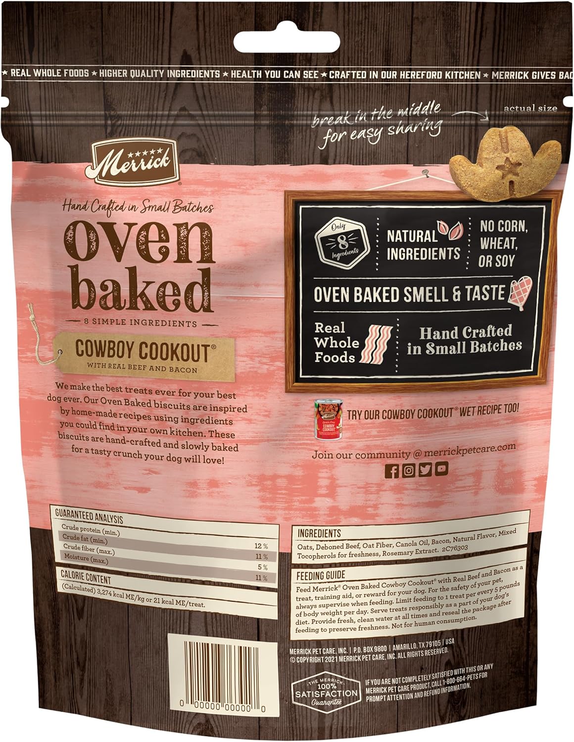 Merrick Oven Baked Natural and Crunchy Bag of Bacon Treats, Cowboy Cookout Recipe with Real Beef and Bacon - 11 oz. Bag : Pet Supplies