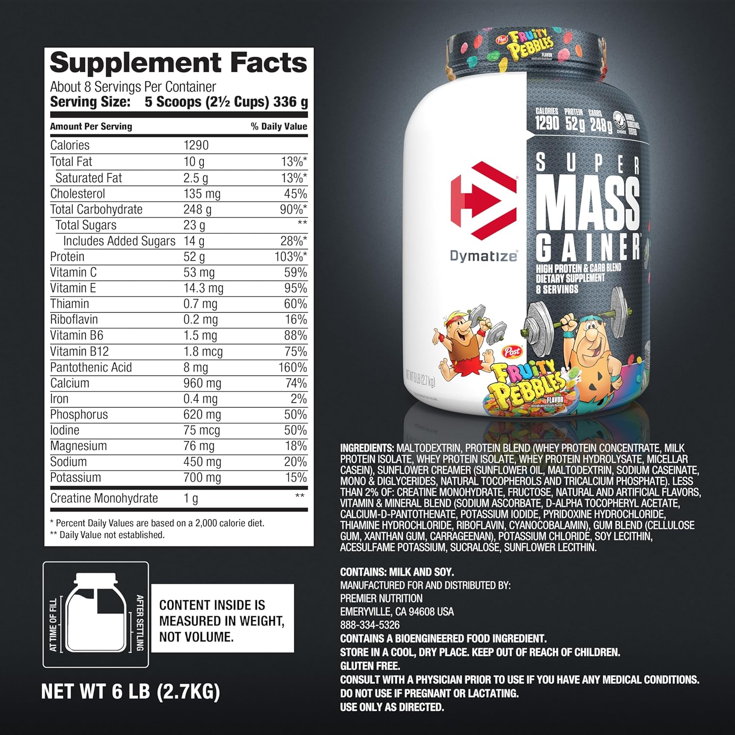 Dymatize Super Mass Gainer Protein Powder, 1290 Calories & 52g Protein, Mixes Easily, Tastes Delicious, Fruity Pebbles, 6 Pound : Health & Household