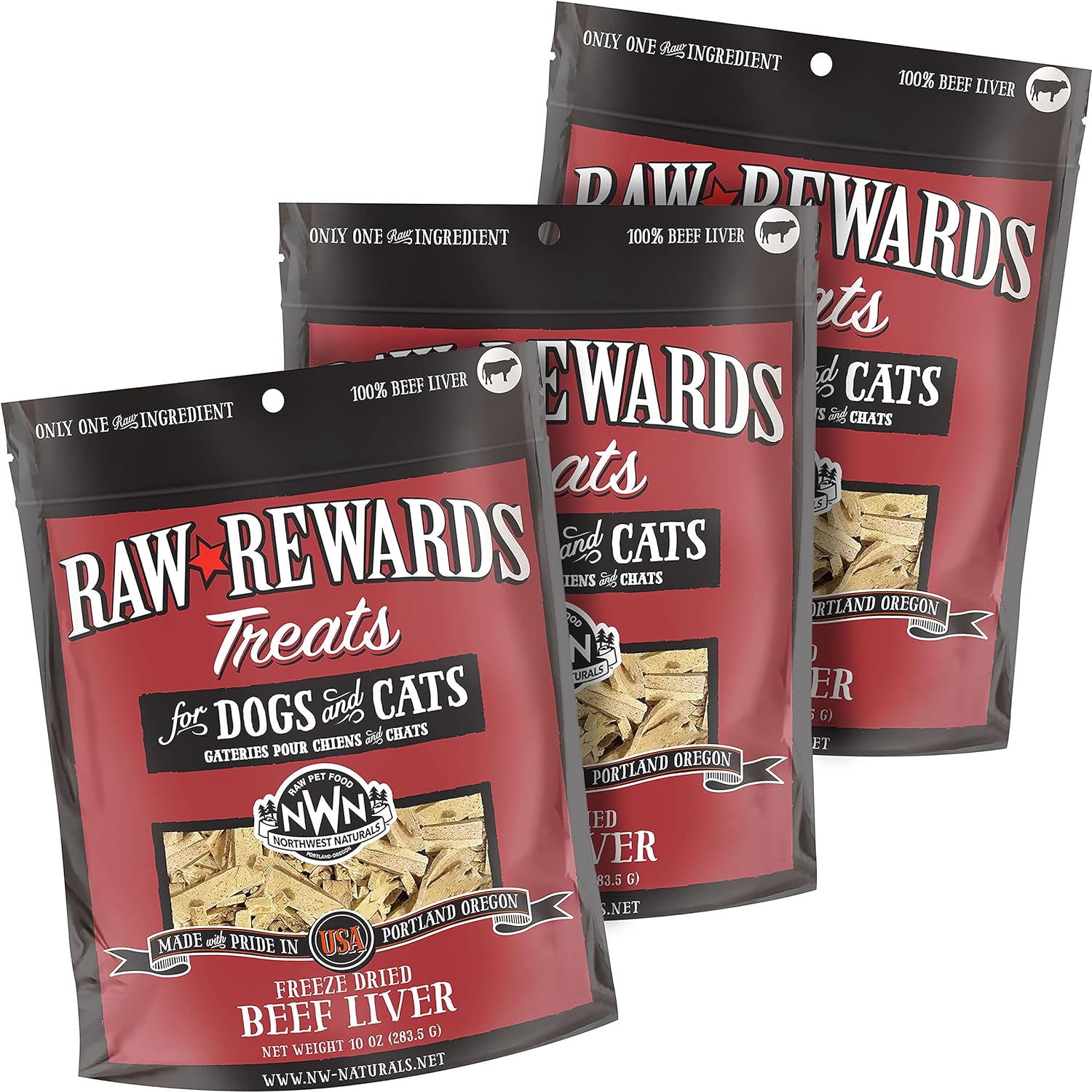 Northwest Naturals Raw Rewards Freeze-Dried Beef Liver Treats for Dogs and Cats - Bite-Sized Pieces - Healthy, 1 Ingredient, Human Grade Pet Food, All Natural - 10 Oz (Pack of 3) (Packaging May Vary)