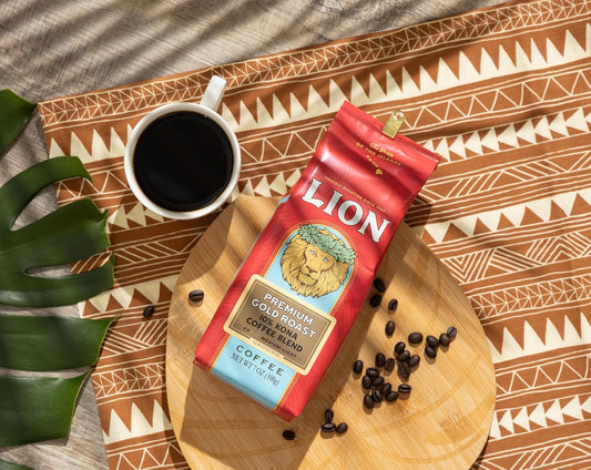 Lion Coffee Premium Gold Roast Ground Coffee, 10% Kona Blend, Medium-Light Roast, A Taste Of Aloha - 7 Ounce Bag
