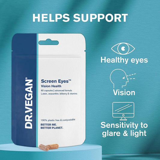 DR.VEGAN Screen Eyes | Vision Health, 60 Vegan-Friendly Capsules | Lutein (15mg), Zeaxanthin (2mg), Meso-zeaxanthing (10mg), Astaxanthin (2mg) and Bilberry (50mg) | Two-A-Day - 30 Day Supply