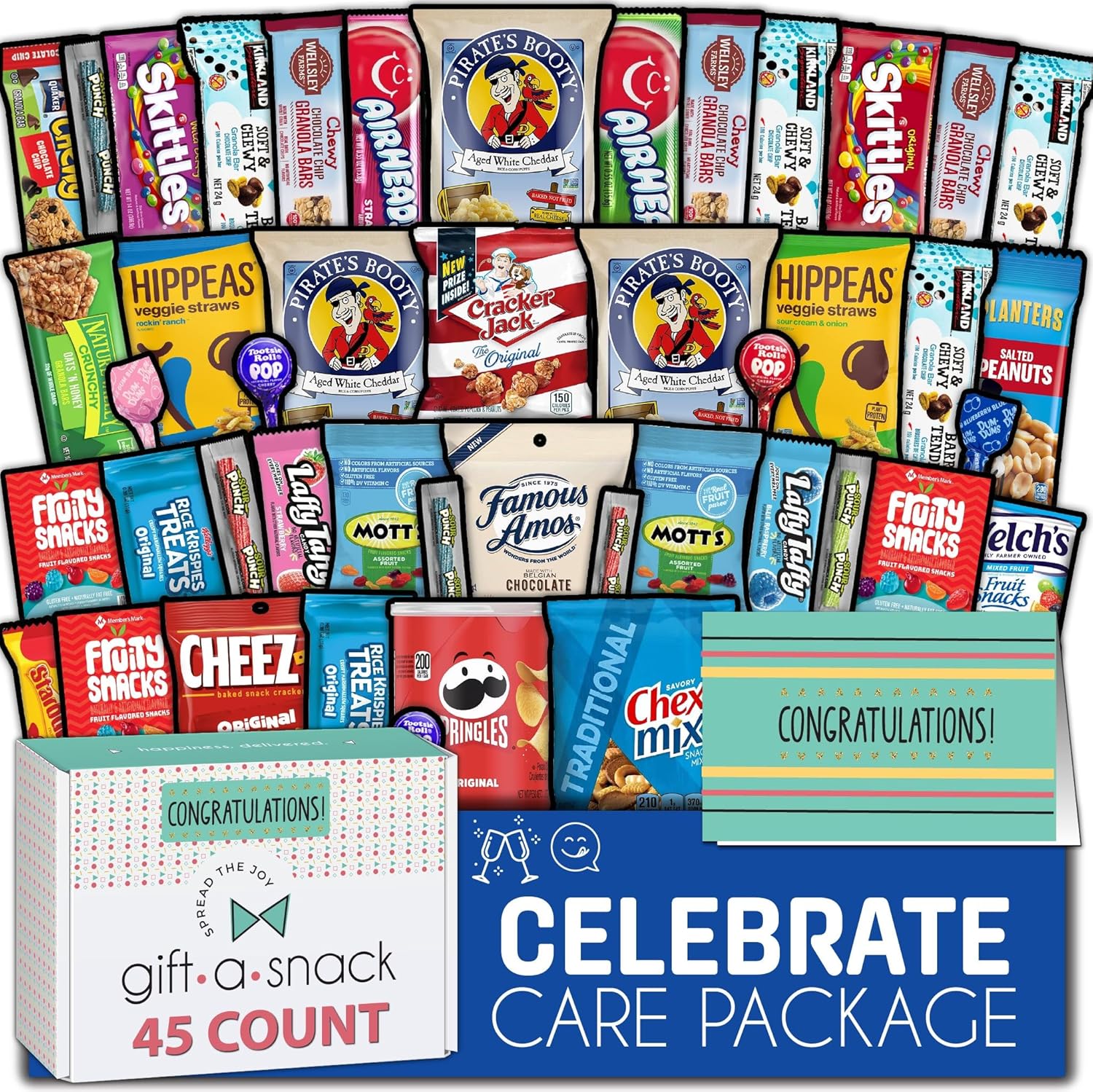 Gift A Snack - Congratulations Snack Box Variety Pack Care Package + Greeting Card (45 Count) Graduation Sweet Treats Gift Basket, Candies Chips Crackers Bars - Cravy Food Assortments & Variety Gifts