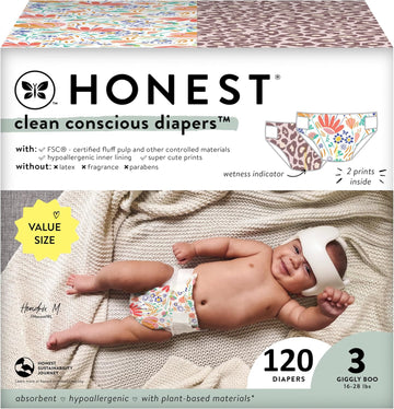 The Honest Company Clean Conscious Diapers | Plant-Based, Sustainable | Wild Thang + Flower Power | Super Club Box, Size 3 (16-28 Lbs), 120 Count