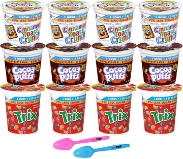 General Mills 25% Less Sugar Cereal Variety, 2 oz Cups (Pack of 12), Cocoa Puffs, Cinnamon Toast Crunch, Trix with By The Cup Mood Spoons