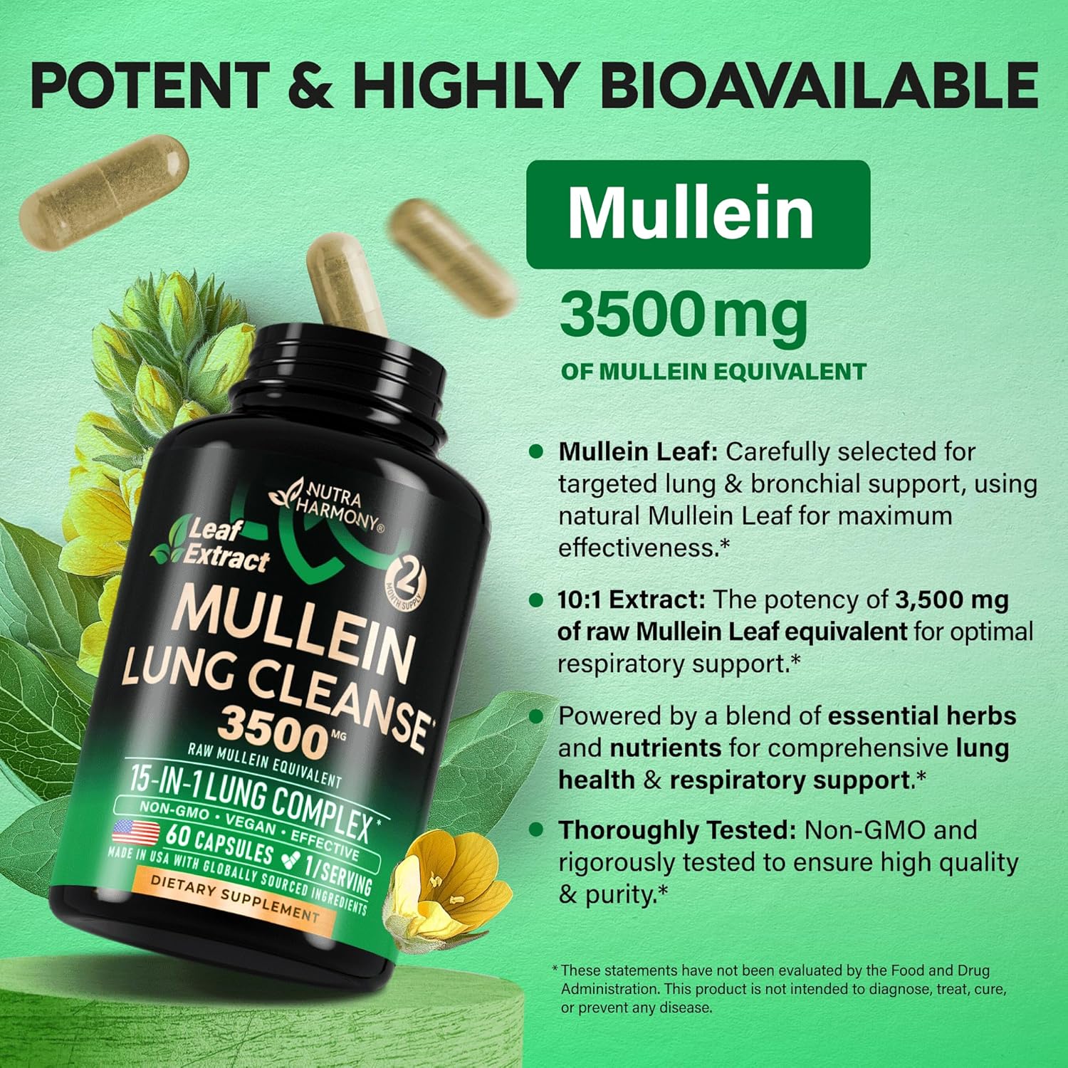 Mullein Leaf Extract For Lung Detox - Marshmallow Root | Echinacea | Oregano | Quercetin | Nac - 15-In-1 Lung Support & Cleanse For Smokers Supplement - Made In Usa - As Drops, Tincture - 60 Capsules : Health & Household