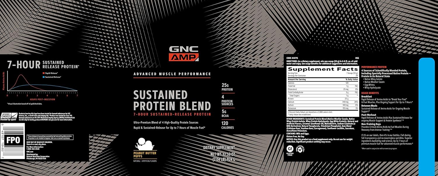 GNC AMP Sustained Protein Blend | Targeted Muscle Building and Exercise Formula | 4 Protein Sources with Rapid & Sustained Release | Gluten Free | Peanut Butter Puffs | 28 Servings : Health & Household