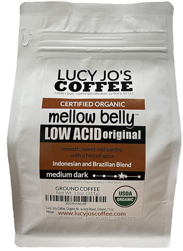 Lucy Jo'S Coffee Roastery, Organic Mellow Belly Low Acid Blend, Medium Dark, Ground, 11 Oz (11 Oz)