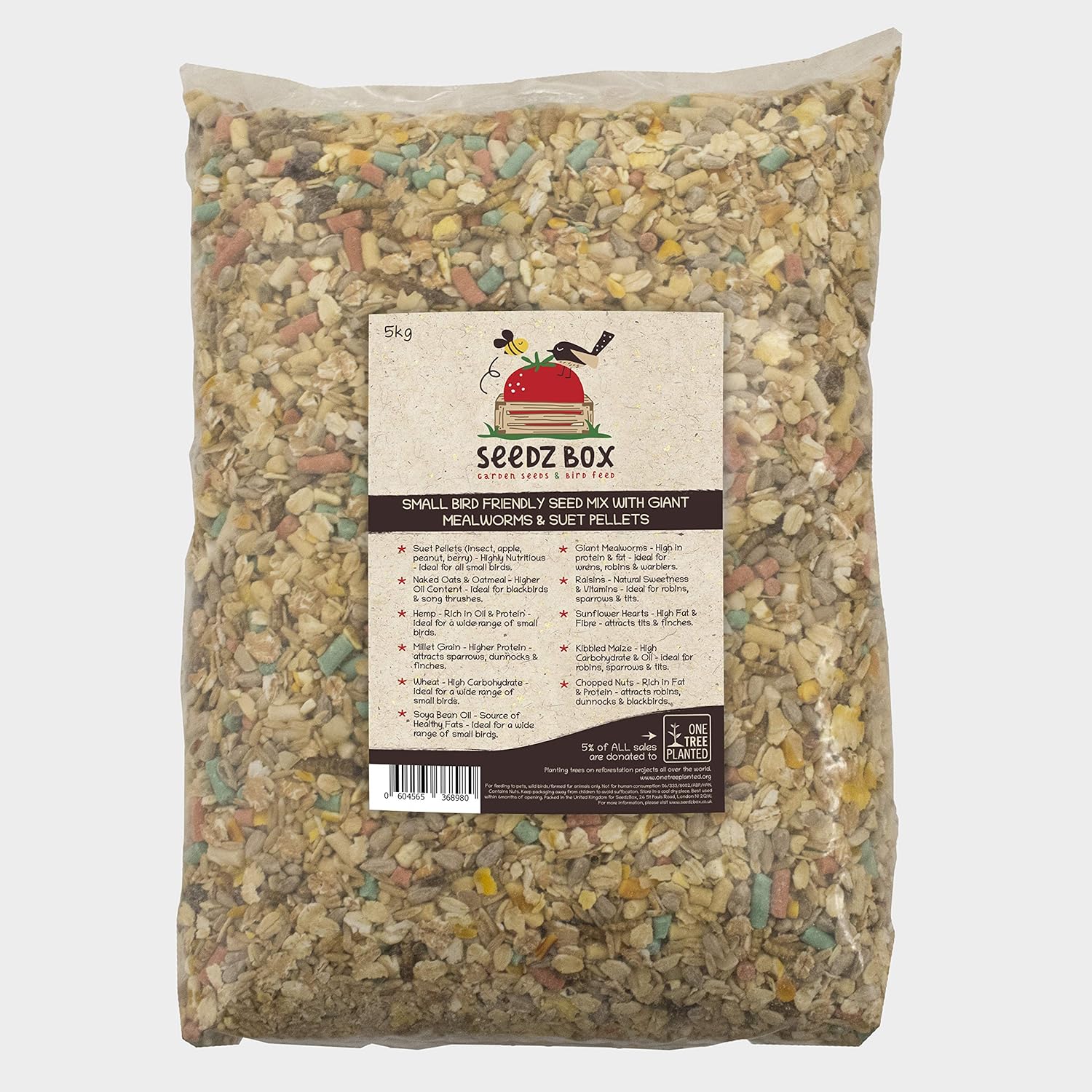 Wild Bird Food Seed Feed Mix with Suet Pellets For Small Garden Birds 5kg - SeedzBox - Deluxe Grains & Nuts, Natural Food for Wrens Robins & Finches - Maize Fats & Fibres