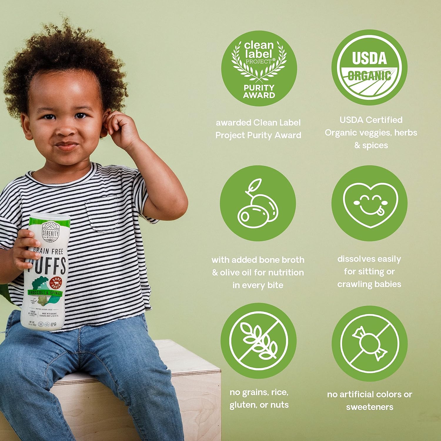 Serenity Kids 6+ Months Grain Free Puffs Toddler & Baby Snack | No Added Sugar, Gluten & Rice Free, Allergen Free | Made with Organic Cassava, Veggies, and Herbs | Broccoli & Spinach | 1 Count : Baby