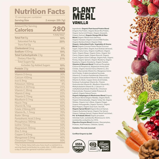 Plant Meal Replacement Shake - Vanilla - 25G Of Plant Based Vegan Protein Powder, 76+ Organic Superfoods, Vitamins & Minerals, Mushrooms, Super Greens, Digestive Enzymes & Probiotics - 15 Servings
