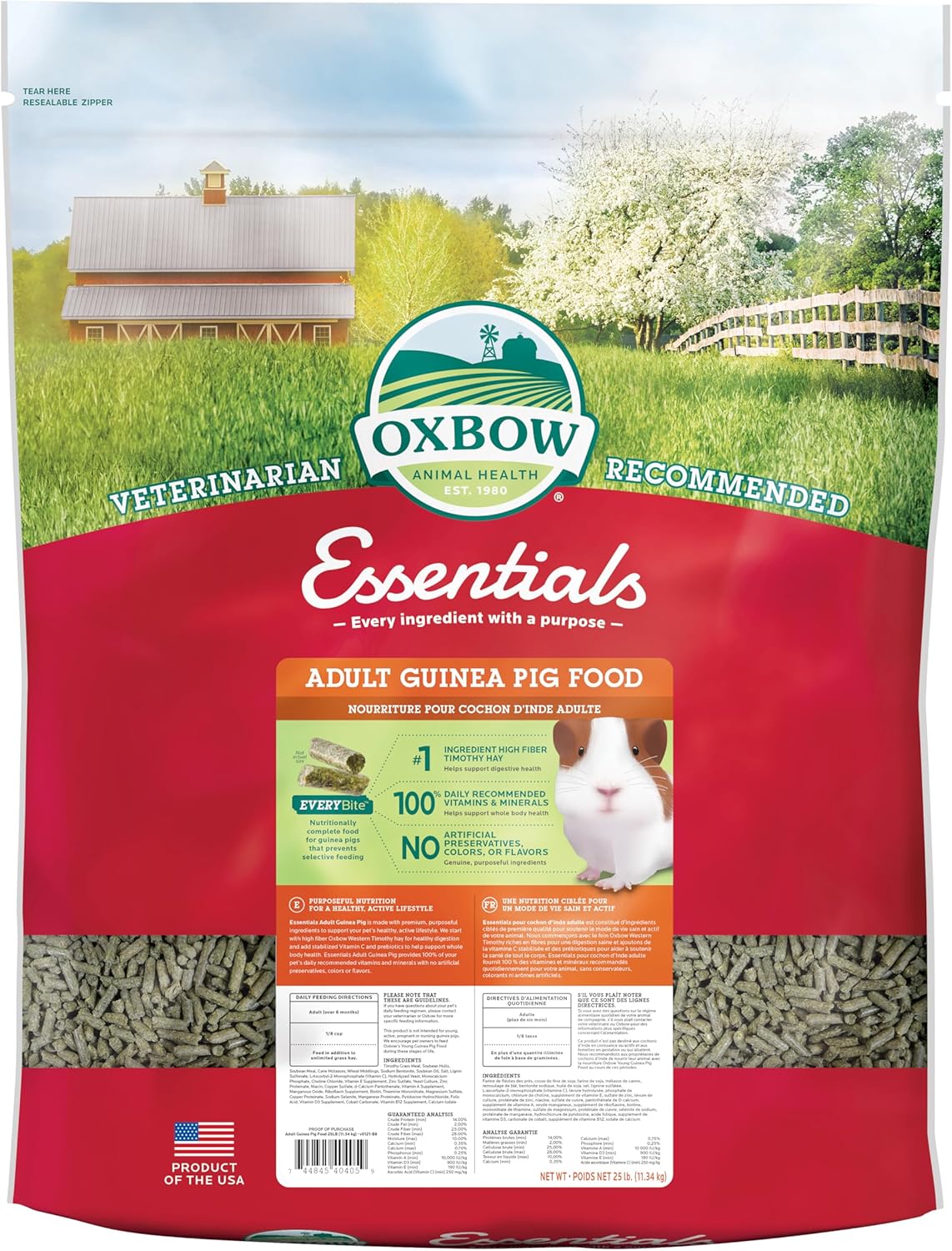 Oxbow Essentials Adult Guinea Pig Food - All Natural Adult Guinea Pig Pellets- No Artificial Ingredients- Veterinarian Recommended- All Natural Vitamins & Minerals- Made In The Usa - 25 Lb