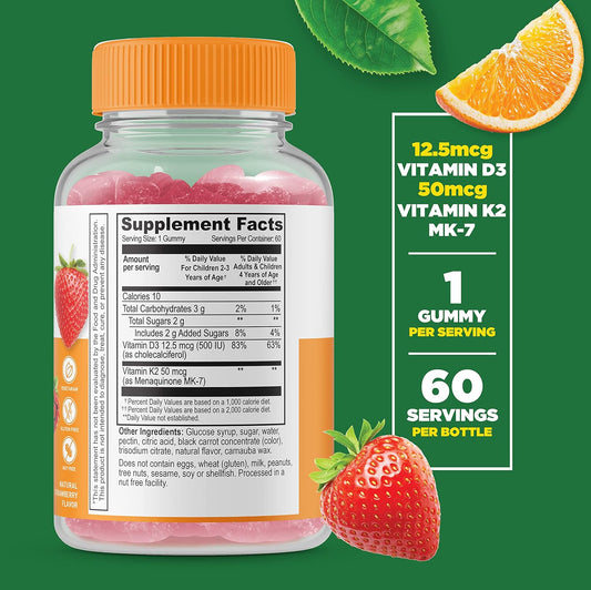 Lifeable Vitamin D3 + K2 - Great Tasting Natural Flavor Gummy Supplement Vitamins - Gluten Free Vegetarian and Non-GMO Chewable - for Strong and Healthy Bones - 60 Gummies (Kids)