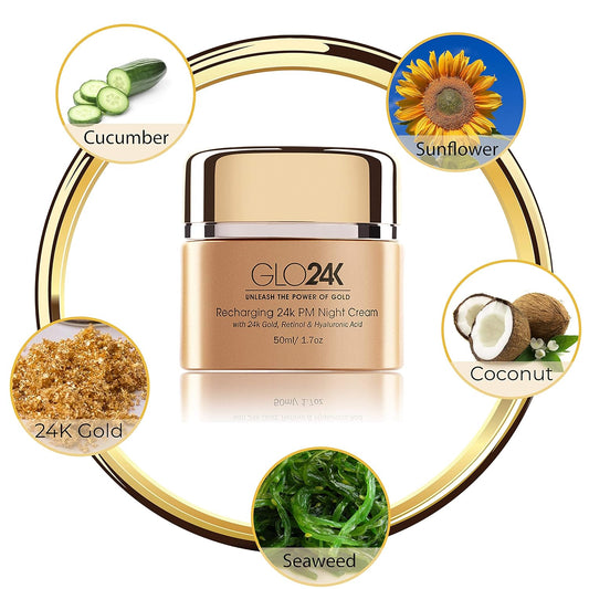 Glo24K Night Cream With 24K Gold, Retinol, Vitamins, And Hyaluronic Acid. Optimally Hydrate Your Skin While You Sleep