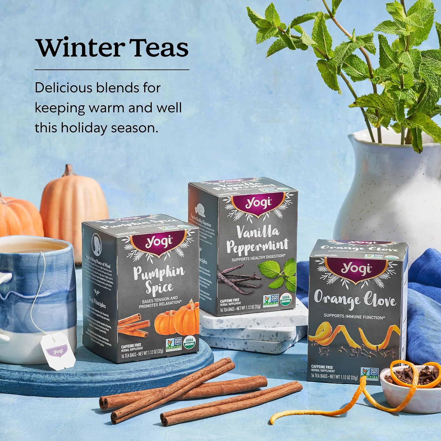 Yogi Tea Holiday Tea Variety Pack - 16 Tea Bags Per Pack (6 Packs) - Holiday Tea Sampler - Includes 2 Vanilla Peppermint Teas, 2 Orange Clove Teas & 2 Pumpkin Spice Teas - Seasonal Tea Sampler Set