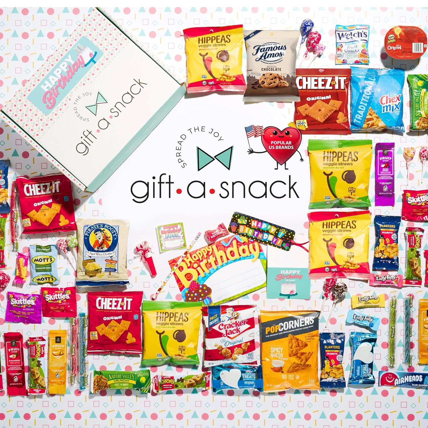 Gift A Snack - Happy Birthday Snack Box Variety Pack Care Package + Greeting Card (45 Count) Bday Sweet Treats Gift Basket, Candies Chips Crackers Bars - Cravy Food Assortments & Variety Gifts