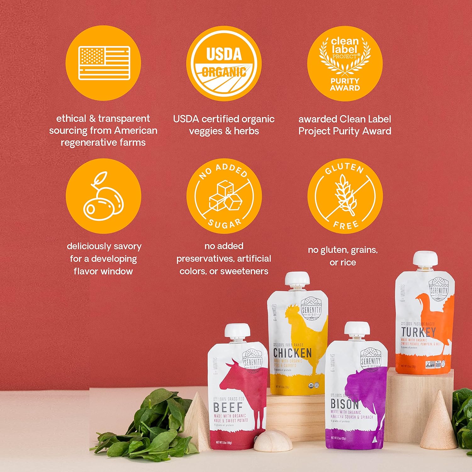 Serenity Kids 6+ Months Baby Food Pouches Puree Made With Ethically Sourced Meats & Organic Veggies | 3.5 Ounce BPA-Free Pouch | Variety Pack | 8 Count : Baby