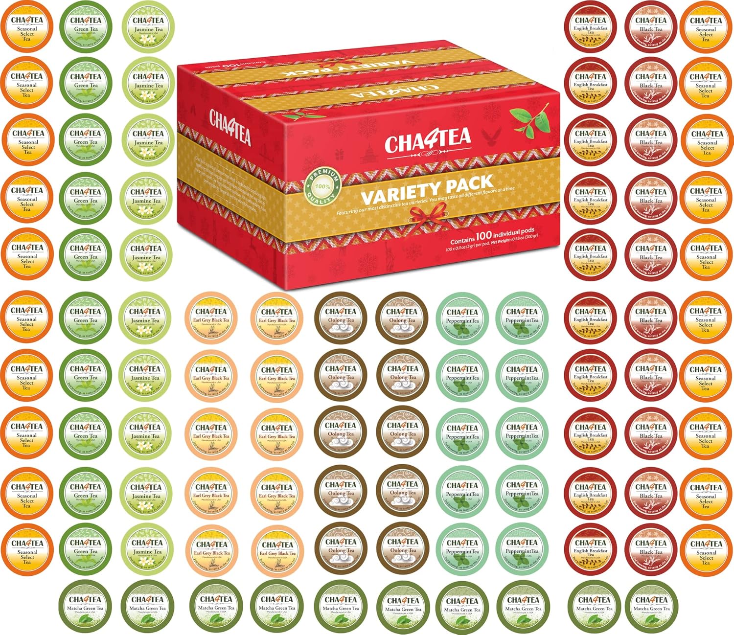 Cha4Tea 100-Count Variety Sampler Pack For Keurig K-Cup Brewers, 10 Flavors