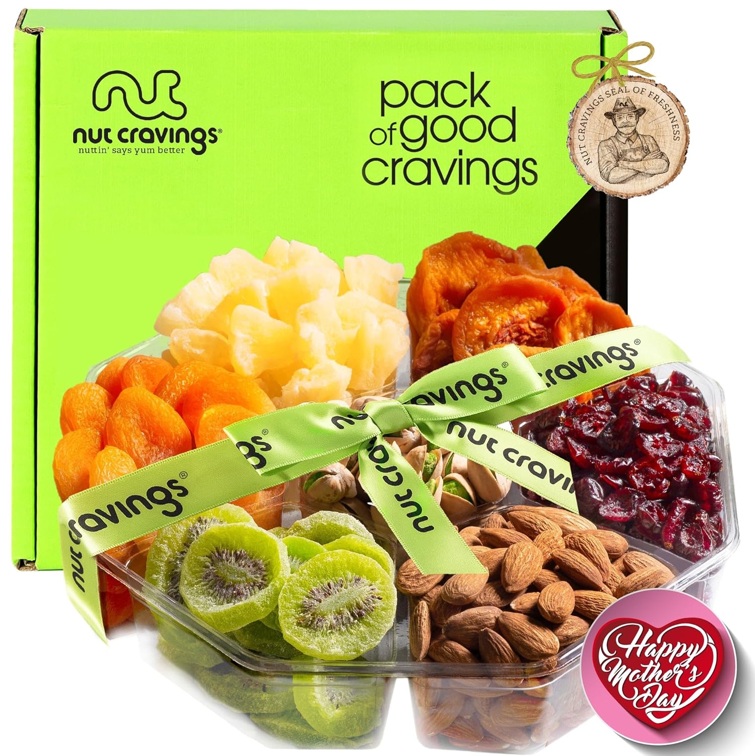 Nut Cravings Gourmet Collection - Mothers Day Dried Fruit & Mixed Nuts Gift Basket + Green Ribbon (7 Assortments, 2 LB) Arrangement Platter, Birthday Care Package - Healthy Kosher