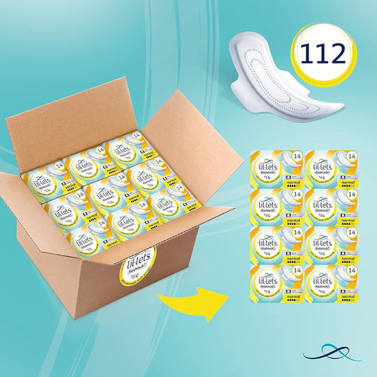 Lil-Lets Freshlock™ Ultra Thin Period Pads - 112 Count, Normal Absorbency, with Wings, 8 Packs of 14 Pads - Bulk Pack, Unscented, 100% Cotton Cover, Regular Absorbency Sanitary Towels