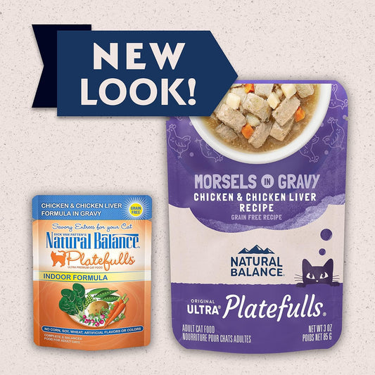 Natural Balance Original Ultra Platefulls Indoor Adult Grain Free Wet Cat Food, Chicken & Chicken Liver Recipe, 3 Ounce Pouch (Pack Of 24), Packaging May Vary