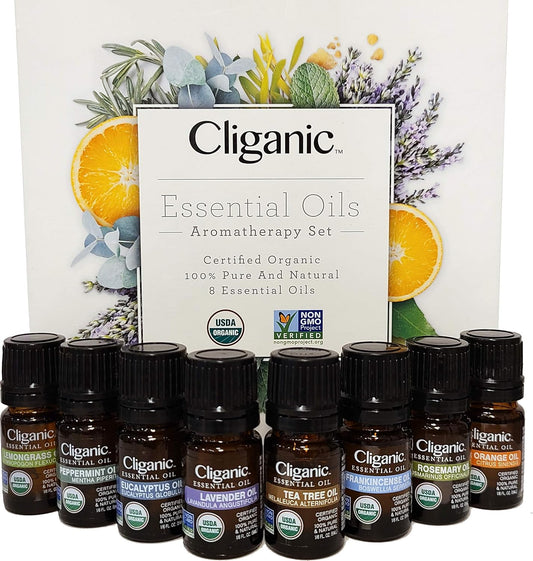 Cliganic Organic Aromatherapy Set (Top 8) With Diffuser