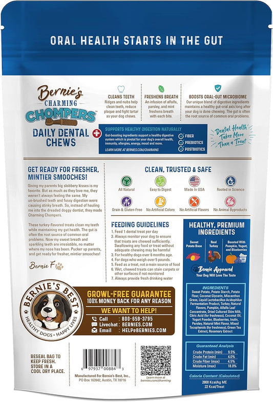 Bernie's Charming Chompers - Daily Dental Chews for Dogs 5-15 Lbs. - 22 Count - Cleans Teeth, Freshens Breath, Boosts Oral-Gut Microbiome. Easy to Digest, Supports Healthy Digestion Naturally