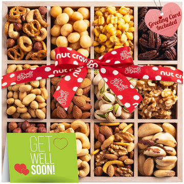 Nut Cravings Gourmet Collection - Get Well Soon Nuts Gift Basket with Get Well Soon Ribbon in Reusable Wooden Tray (12 Assortments) Care Package Variety, Kosher Snack Box