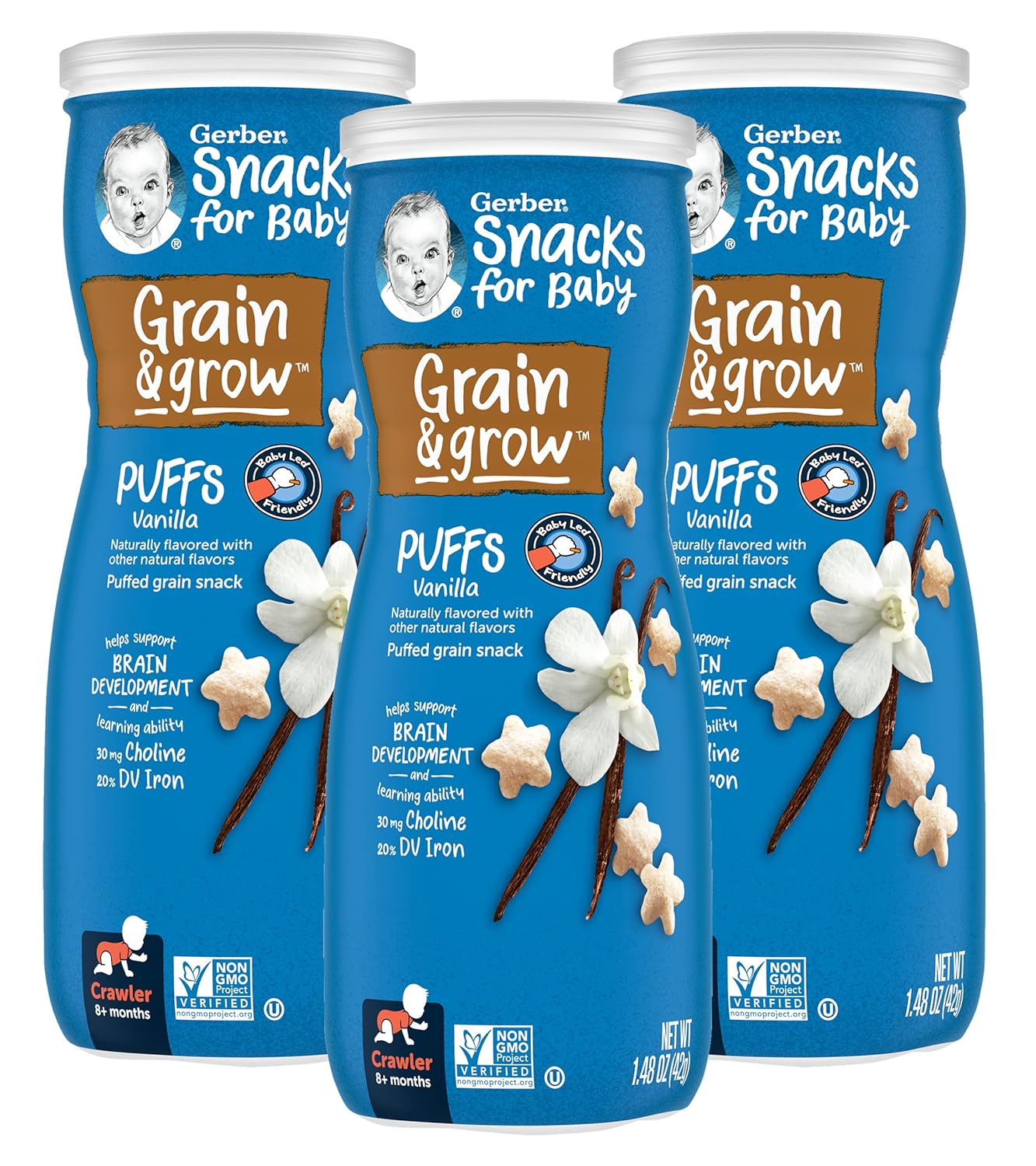 Gerber Snacks for Baby Grain & Grow Puffs, Vanilla, Puffed Grain Snack for Crawlers, Non-GMO Baby Snack, Baby-Led Friendly, 1.48-Ounce Canister (Pack of 3)