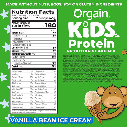 Orgain Kids Protein Powder Shake Mix, Vanilla Bean Ice Cream - 8G Grass-Fed Dairy Protein, 4G Fiber, 22 Vitamins & Minerals, Gluten Free, No Soy Ingredients, Adds Healthy Nutrients To Kids Snacks, 1Lb