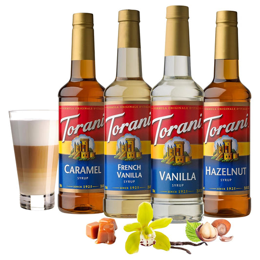 Torani Variety Pack Caramel, French Vanilla, Vanilla & Hazelnut, 25.4 Ounces (Pack Of 4)