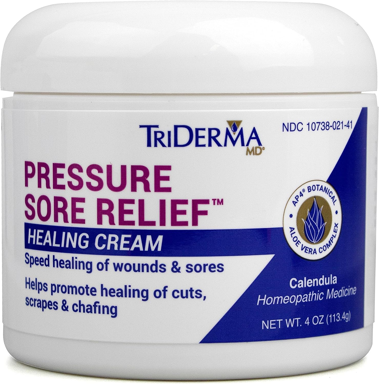 TriDerma MD Pressure Sore Relief Healing Cream for Bed Sores Treatment, Ulcers, Pressure Sores, Wound Healing, Chafed Skin and Hard-to-Heal Skin Sores with Calendula and AP4 Aloe, 4 oz Jar