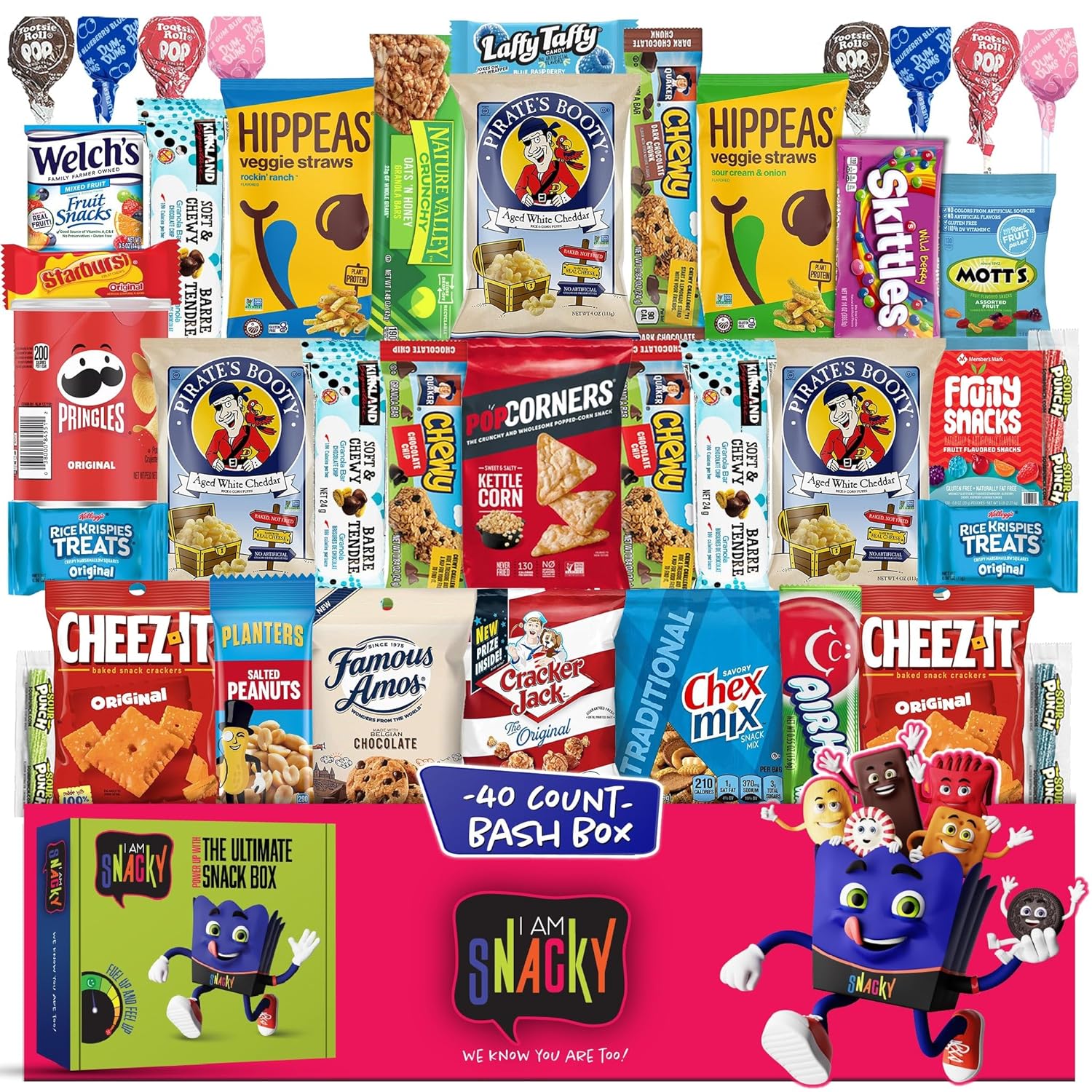 I Am Snacky - Back To School Gifts For Students Snack Box Care Package + Greeting Card - Snacky'S Bash Box (40 Count) Birthday Sweet Treats Gift Basket, Candies Chips - Food Assortments & Variety