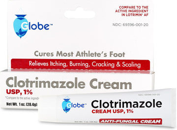 Globe Clotrimazole Antifungal Cream 1% Usp (1 Oz), Anti Fungal Treatment, Relieves Itching, Burning, Cracking And Scaling Associated Athletes Foot, Jock Itch, Ringworm And More