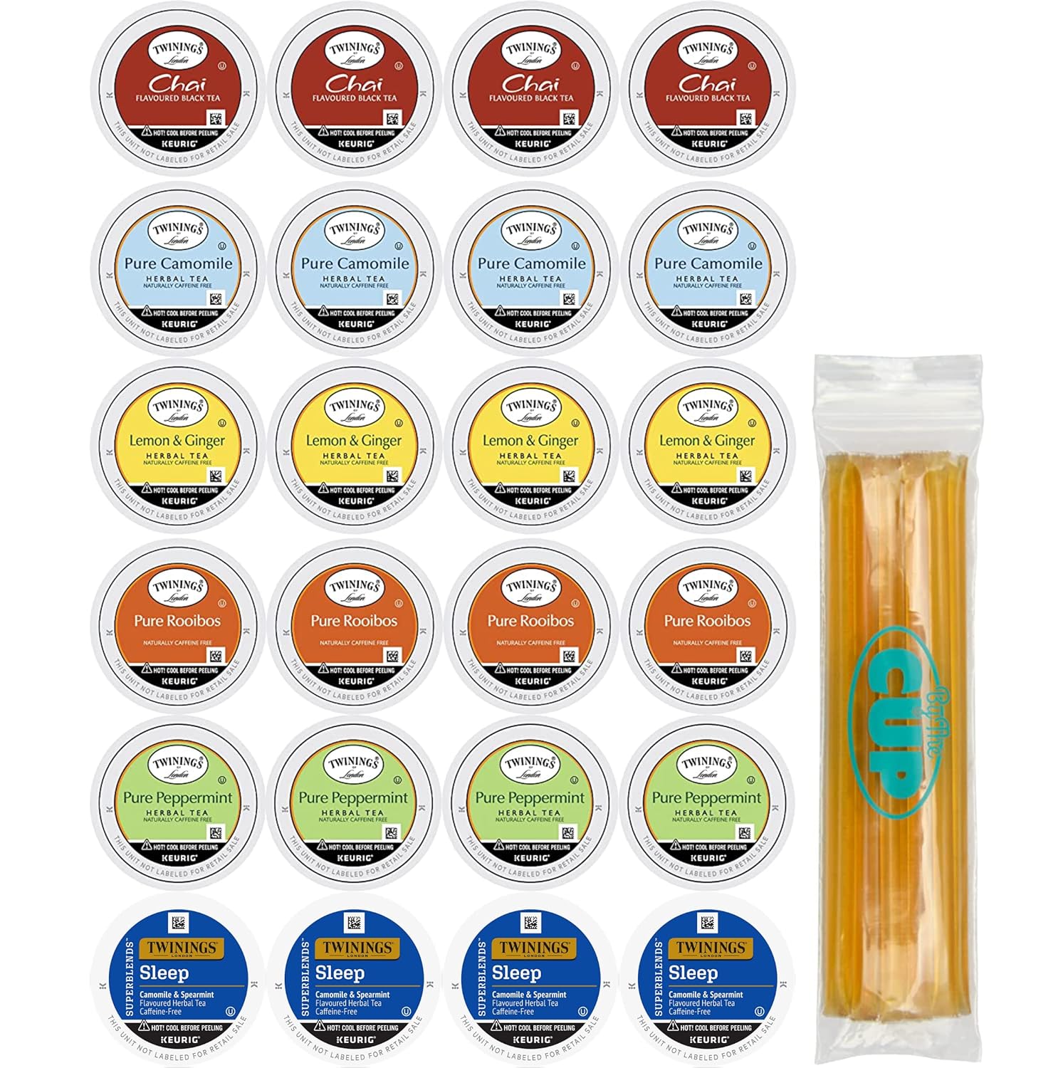 Twinings Tea K-Cup Assortment, Herbal & Black (Pack of 24) with By The Cup Honey Sticks