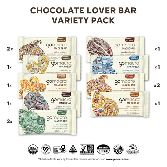 Gomacro Macrobar Organic Vegan Protein Bars - Chocolate Lover Variety Pack, 2.3 Ounce Bars, 12 Count (Pack Of 1)