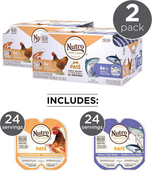 Nutro Grain Free Natural Wet Cat Food Paté Salmon & Tuna Recipe And Chicken & Shrimp Recipe Variety Pack, 2.64 Oz. Perfect Portions Twin-Pack Trays, Pack Of 2 (24 Trays, 48 Servings)