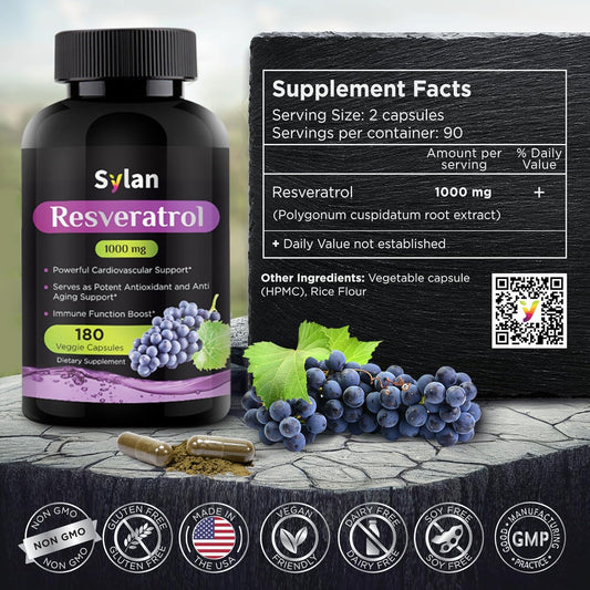 Sylan Trans Resveratrol Supplement, 1000Mg, 180 Veggie Capsules, Antioxidant, Supports Heart, Joint, Brain, Immune Health & Anti-Aging, Non-Gmo, Made In Usa, Resveratrol 500Mg Powder Per Capsul