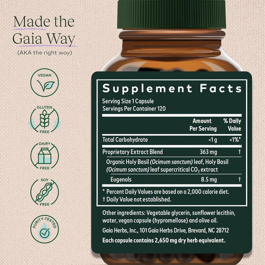 Gaia Herbs Holy Basil Leaf - Helps Sustain A Positive Mindset And Balance In Times Of Stress - An Adaptogenic Ayurvedic Herb - 120 Vegan Liquid Phyto-Capsules (60-Day Supply)