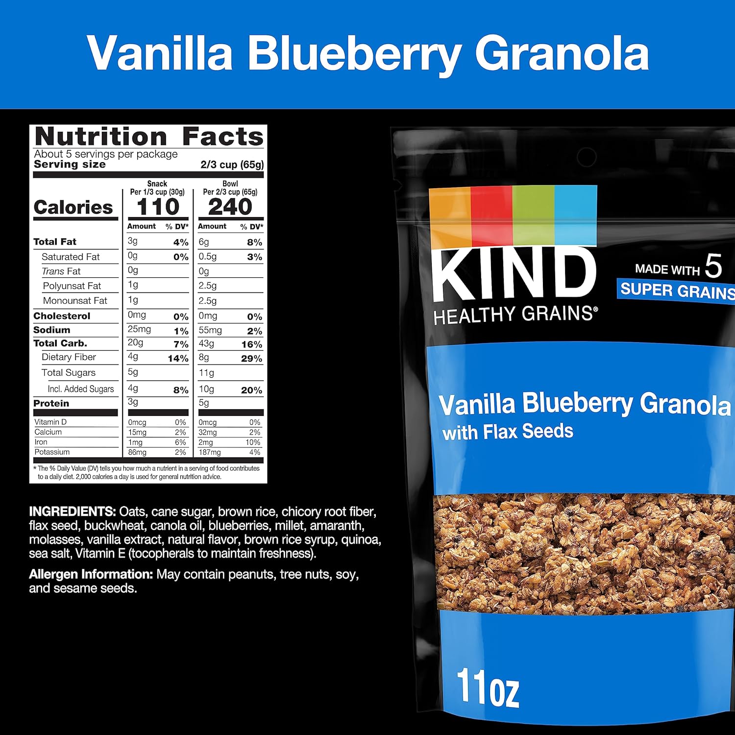 Kind Healthy Grains Clusters, Vanilla Blueberry With Flax Seeds Granola, 10G Protein, Gluten Free, 11 Ounce (Pack Of 1)