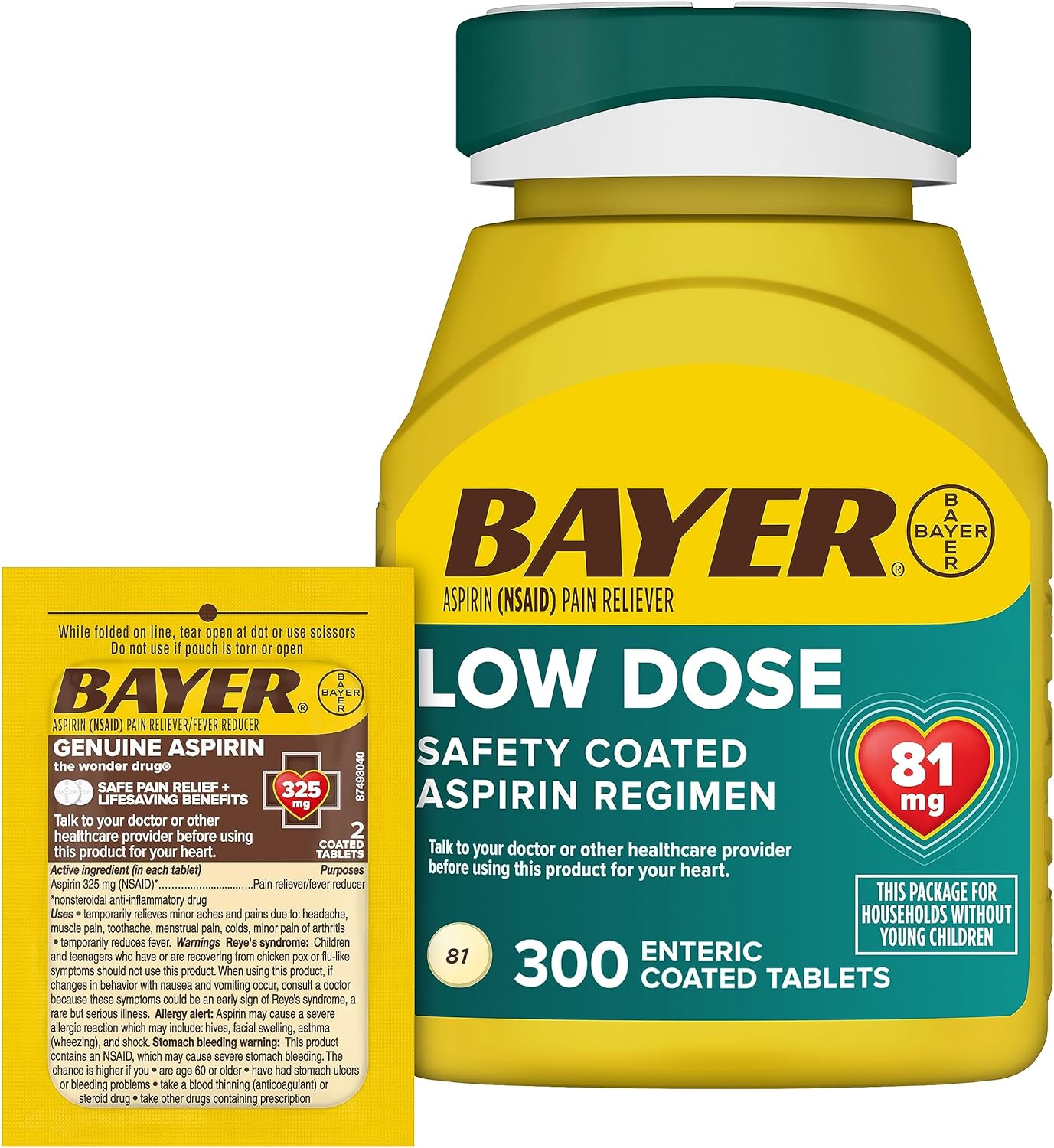 Bayer Aspirin 81mg Enteric Coated Tablets 300ct and 2 Count Travel Pac