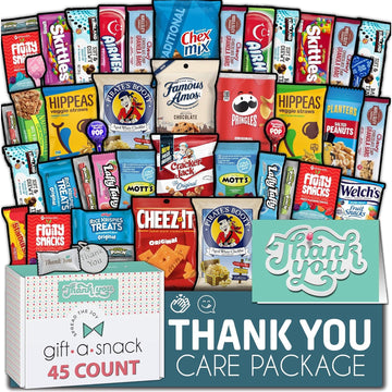 Gift A Snack - Thank You Snack Box Variety Pack Care Package + Greeting Card (45 Count) Appreciation Sweet Treats Gift Basket, Candies Chips Crackers Bars, Crave Food Assortment - Adults Kids