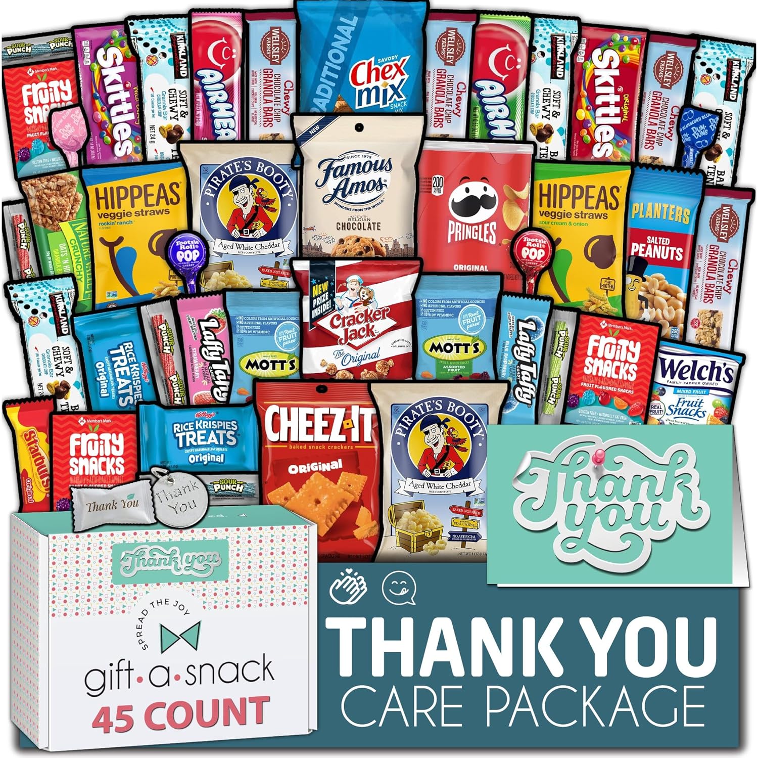 Gift A Snack - Thank You Snack Box Variety Pack Care Package + Greeting Card (45 Count) Appreciation Sweet Treats Gift Basket, Candies Chips Crackers Bars - Cravy Food Assortments & Variety Gifts