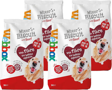 Webbox Mixer Biscuit Dry Dog Food (Adult), Beef - Wholegrain Cereals and Fibre for Healthy Digestion, Feed with Wet Food, Made in the UK (4 x 2kg Bags)
