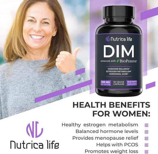 DIM Supplement 300mg - Diindolylmethane with Broccoli & BioPerine - Hormone Balance Support for Women & Men, Estrogen Metabolism, Menopause Relief & Hormonal Acne Control - 90 Vegan Caps