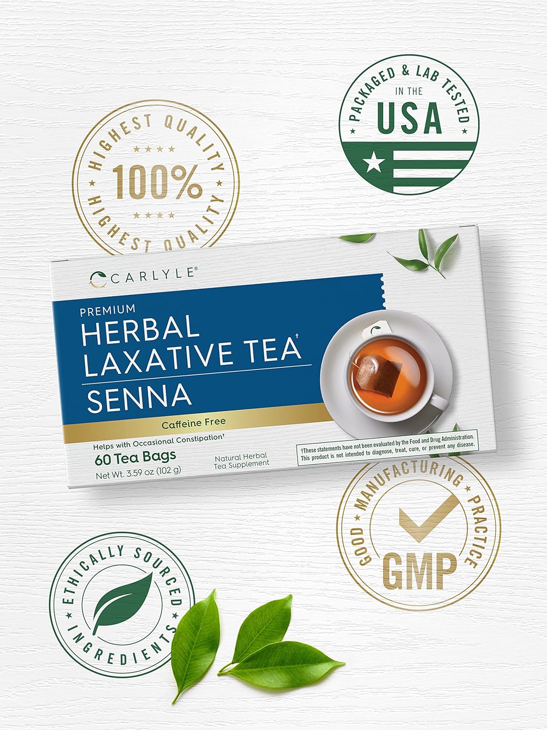 Carlyle Herbal Laxative Senna Leaf Tea | 60 Tea Bags | No Caffeine | Helps With Occasional Constipation | Vegetarian, Non-Gmo & Gluten Free