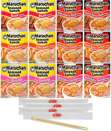 Maruchan Ramen Instant Lunch Variety, 12 Count, 6 Flavors with By The Cup Chopsticks